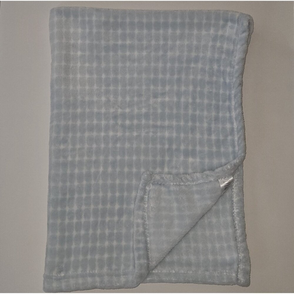 Tahari Baby Blue White Squares Soft Fleece Blanket Lovey 28" x 39" RN 157035